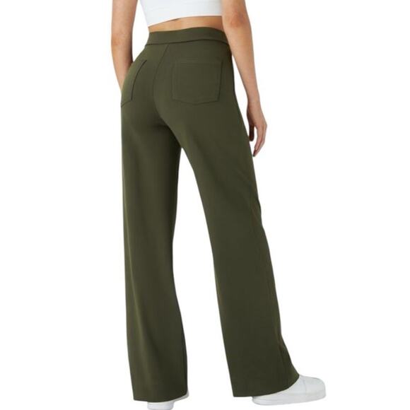 Halara High Waisted Straight Leg Casual Pants Size L Olive Green Stretch Pockets - Picture 8 of 16